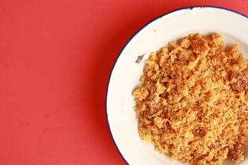 Las migas is a typical Spanish dish made with crumbs, onions and chorizo