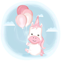 Cute unicorn with balloon cartoon watercolor illustration on blue