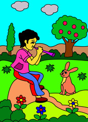 An Illustrated Cartoon of A Boy Playing with Flute and A Rabbit