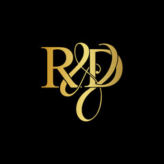 Initial letter R & D RD luxury art vector mark logo, gold color on black background.