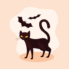 cat feline animal of halloween with bats flying