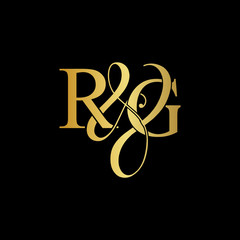 Initial letter R & G RG luxury art vector mark logo, gold color on black background.
