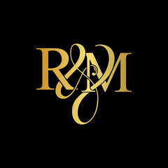 Initial letter R & M RM luxury art vector mark logo, gold color on black background.