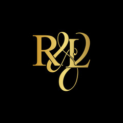 Initial letter R & L RL luxury art vector mark logo, gold color on black background.