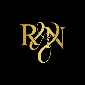 Initial Letter R & N RN Luxury Art Vector Mark Logo, Gold Color On Black Background.