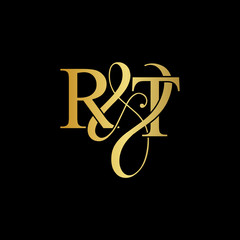 Initial letter R & T RT luxury art vector mark logo, gold color on black background.