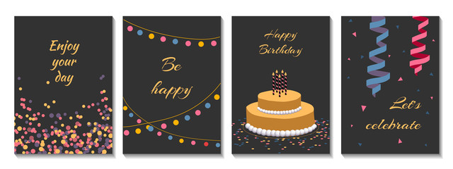 Set of Happy birthday greeting cards and party invitation templates. Vector illustration with cake, garlands, confetti on the black background.