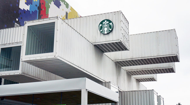 Hualien City,Taiwan - Dec. 7,2018 - First Starbucks coffee shop made out of shipping containers and opened in 2018.