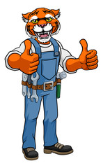 A tiger animal construction cartoon mascot handyman or builder maintenance contractor giving a double thumbs up