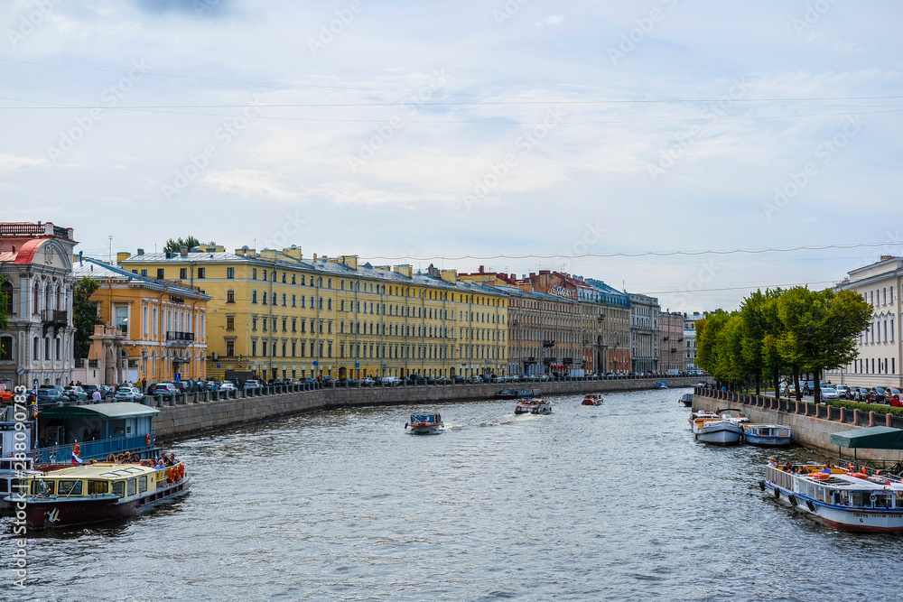 Wall mural Saint-petersburg, Russia - August, 14, 2019: landscape with the image of Neva river in Saint-petersburg, Russia