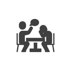 People sitting at the table talking vector icon. filled flat sign for mobile concept and web design. Partners at meeting table and speech bubble glyph icon. Symbol, logo illustration. Vector graphics