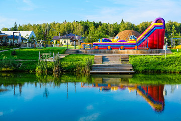 Moscow region, Russia - August, 28, 2019: children's place on a bank of the lake in Moscow region, Russia