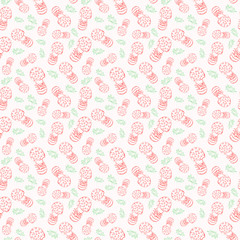 Seamless pattern of fly agaric and leaves on white background
