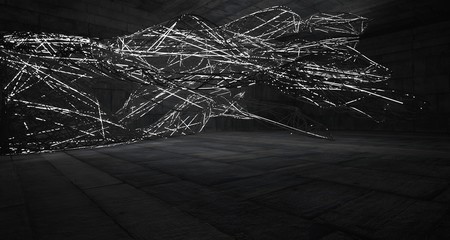 Empty dark abstract concrete smooth architectural interior of chaotic lines. Night view of the illuminated. 3D illustration and rendering
