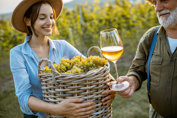 Senior man and young woman tasting wine, while standing together with freshly picked up grapes on...