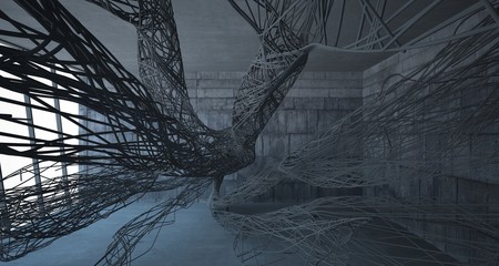 Empty dark abstract concrete smooth architectural interior of chaotic lines. 3D illustration and rendering