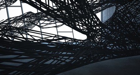 Empty dark abstract concrete smooth architectural interior of chaotic lines. 3D illustration and rendering