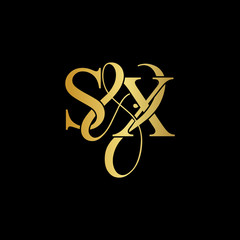 Initial letter S & X SX luxury art vector mark logo, gold color on black background.