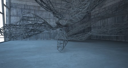Empty dark abstract concrete smooth architectural interior of chaotic lines. 3D illustration and rendering