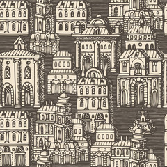 Vector seamless pattern with old hand drawn houses in retro style. Cityscape background with old style building facades and fountains, can be used as wallpaper, wrapping paper, textile, fabric