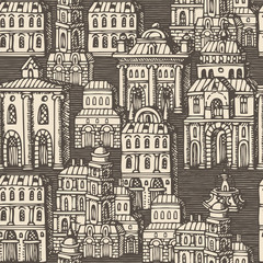 Vector seamless pattern with old hand drawn houses in retro style. Cityscape background with old style building facades and fountains, can be used as wallpaper, wrapping paper, textile, fabric © paseven
