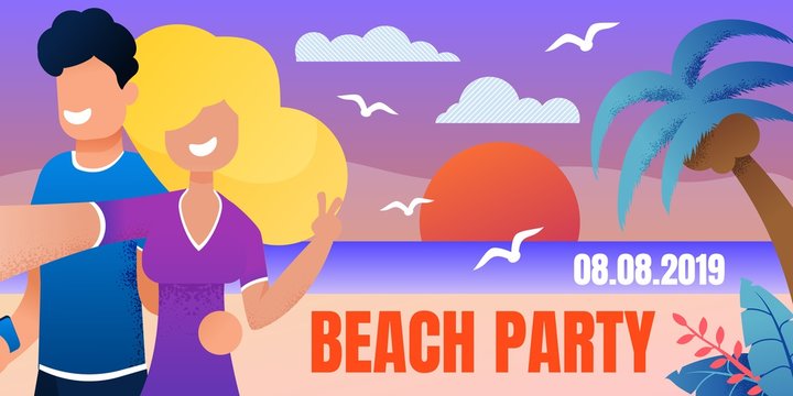 Advertising Landing Web Page Banner Beach Party. Happy Guy and Girl Take Selfie, Beach, Sunset, Sea, Malma, Seagull, Clouds, Dance Party. Travel Blog. Vector Flat Illustration, Flyer, Website