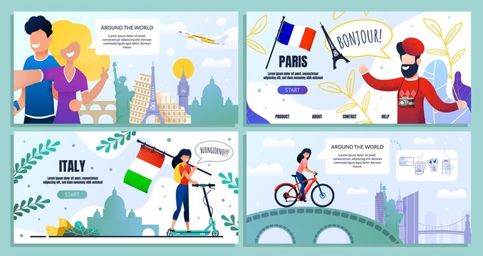 Travel Blog Set, Bundle Landing Web Page Banner. Vector Guy, Girl Take Selfie Famous Landmarks, Plane. Man Paris, Eiffel Tower, France Flag. Girl, Scooter, Italy Flag. Girl Rides Bicycle