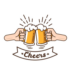 Two hands clink mugs with beer. Beer background concept for banners, posters, flyers and promotional material. People in the pub clink mugs of beer. Friends having fun at the party.