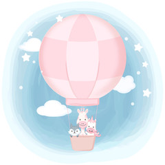 Cute animals floating on air balloon hand drawn cartoon illustration