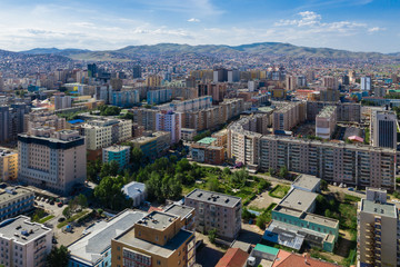 Aerial view of Ulaanbaatar, the capital of Mongolia, circa June 2019