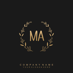 letter MA surrounded by beautiful and elegant flowers and leaves. Wedding monogram logo template.