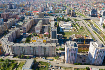 Aerial view of Ulaanbaatar, the capital of Mongolia, circa June 2019