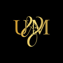 Initial letter U & M UM luxury art vector mark logo, gold color on black background.