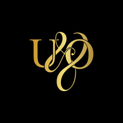 Initial letter U & O UO luxury art vector mark logo, gold color on black background.
