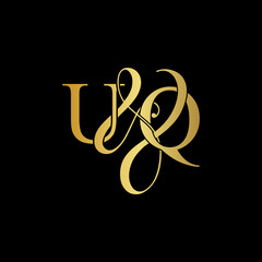 Initial letter U & Q UQ luxury art vector mark logo, gold color on black background.