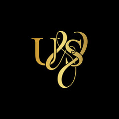 Initial letter U & S US luxury art vector mark logo, gold color on black background.