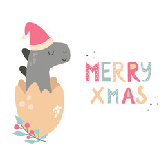 Christmas holiday card with cute dino in Santa hat