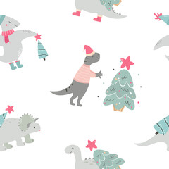 Christmas seamless pattern with dino Holiday print