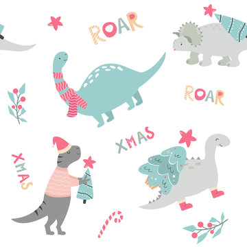 Christmas Seamless Pattern With Dino Holiday Print