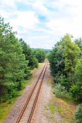 Obraz premium Aerial view of railroad track through a green pine forest