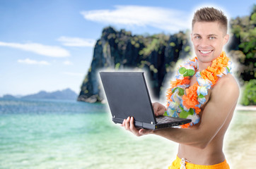 Vacation and young attractive with a laptop.