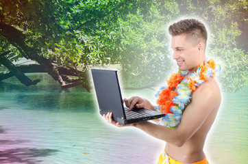 Vacation and young attractive with a laptop.