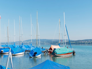Obraz premium Schweizer Seenlandschaft - Seeblick Hallwilersee von Beinwil am see. Boot, yacht, Hafen und Marina