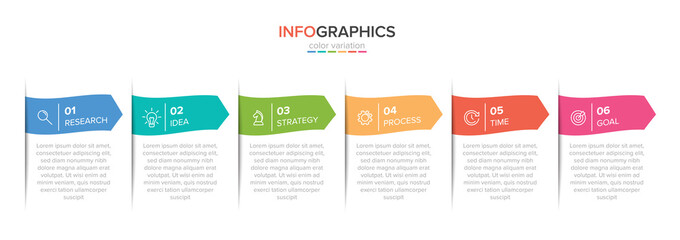 Concept of arrow business model with 6 successive steps. Five colorful rectangular elements. Timeline design for brochure, presentation. Infographic design layout.