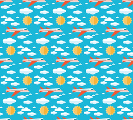 Seamless pattern flying in the blue sky of the aircraft among the clouds and the sun. Flat vector, modern design. Bright background for packaging, fabrics, textiles,