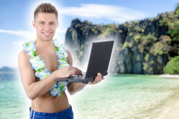 Vacation and young attractive with a laptop.
