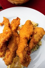 Breaded chicken steak, potato salad.