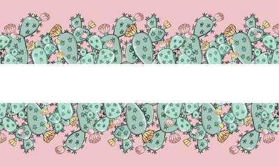 Horizontal banners template with cactus and flowers on pink background with space for text. Vector illustration for sale or advertising. Design for banner, greeting card, social networks,