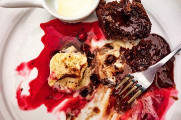 Dirty plate with leftovers of ice cream,sauce and chocolate cake.
