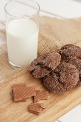 Milk glass and biscuit cookies with kitchen cloth on light background